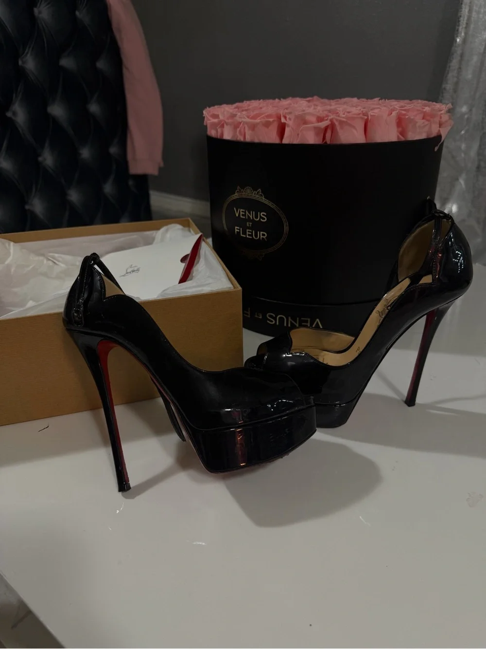 Black Patent Platform Peep-Toe Heels with Ankle Strap